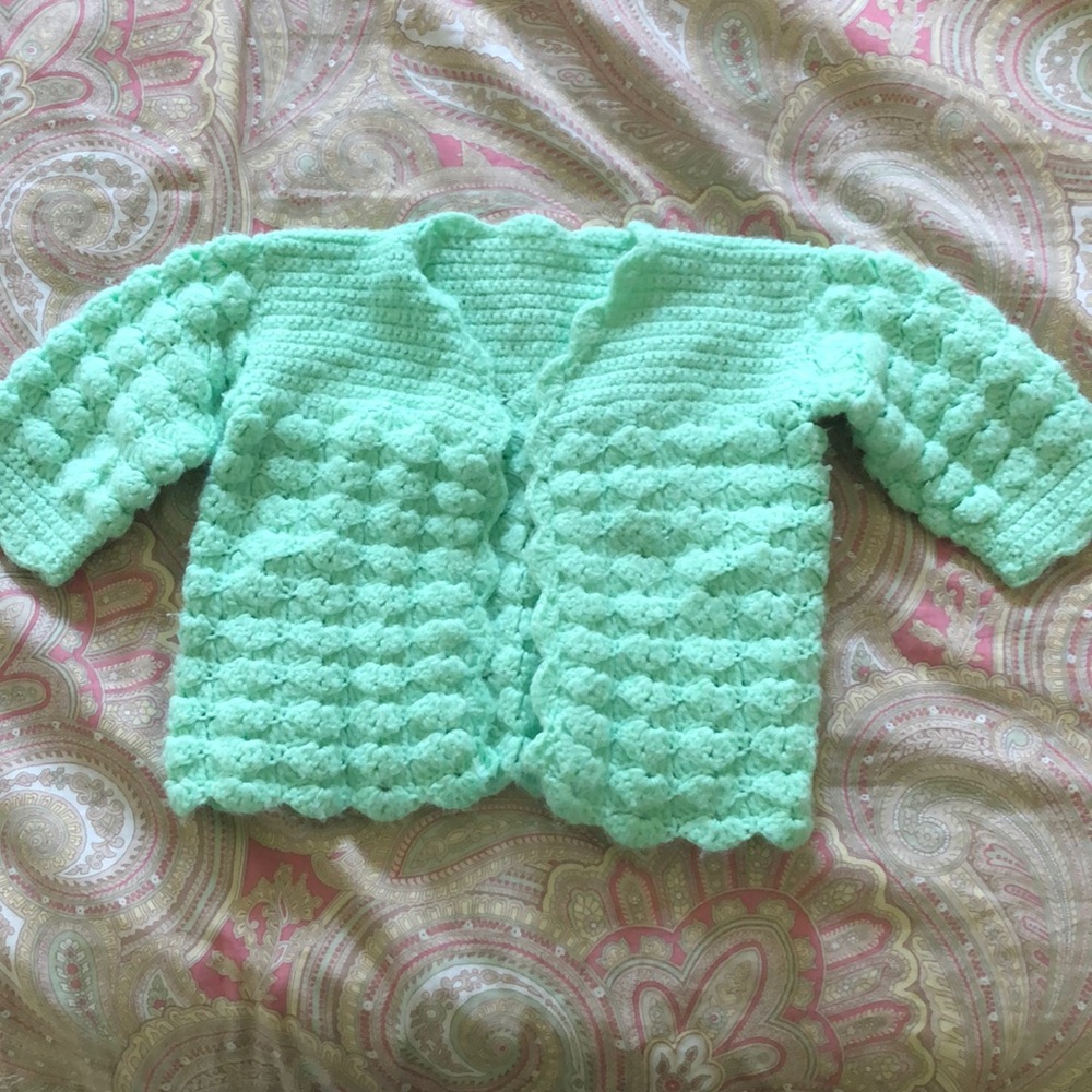 Hand made Crochet Baby Bonnet and Sweater. Green.